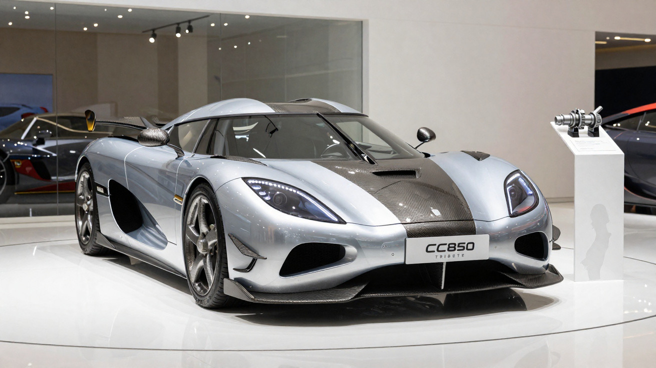 Carro esportivo Koenigsegg CC850 prata exposto em ambiente moderno com iluminação branca.