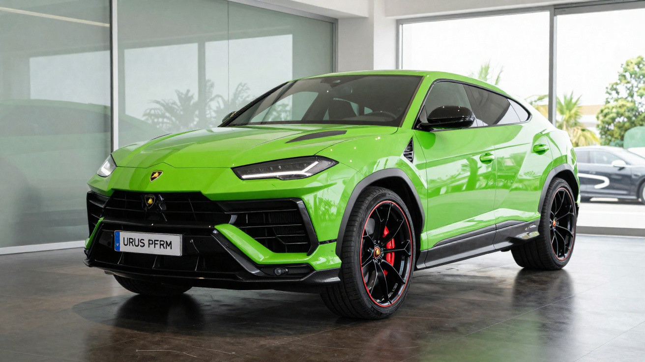Lamborghini Urus verde vibrante estacionado em showroom com detalhes em preto e rodas esportivas.