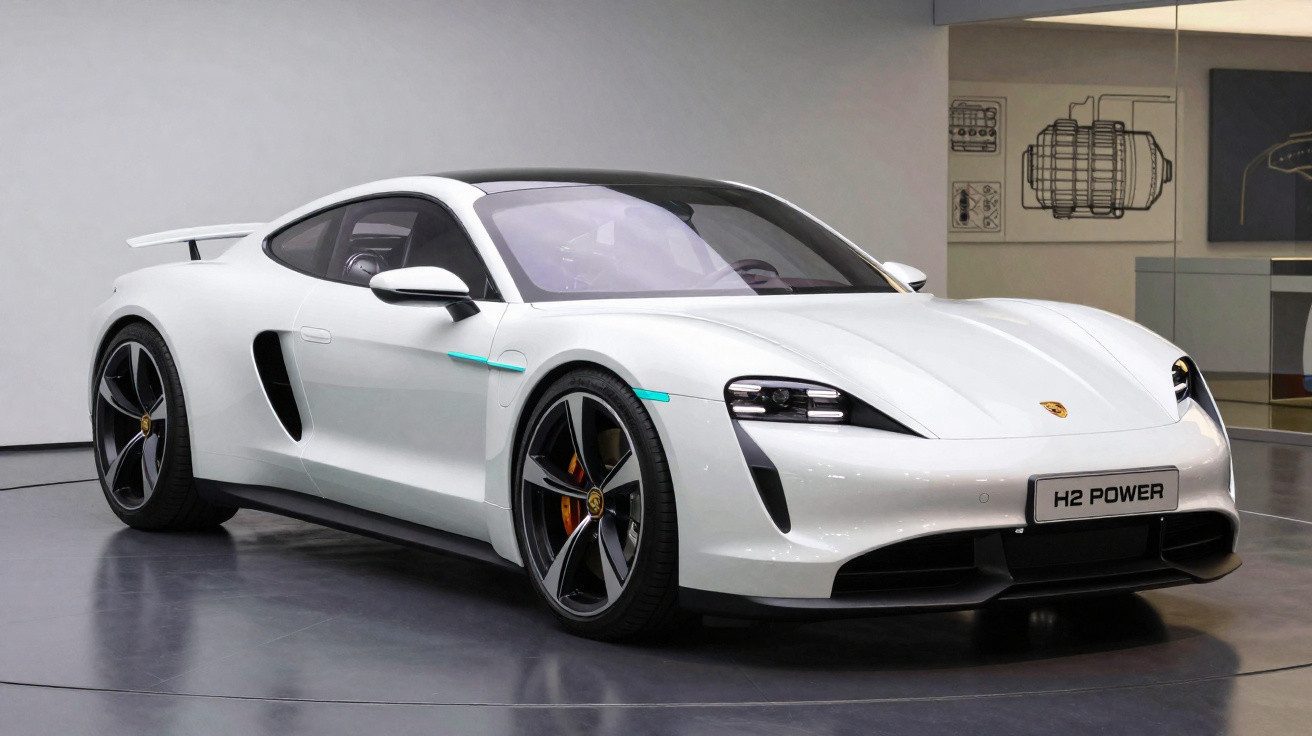 Carro esportivo branco Porsche H2 Power visto de frente em ambiente interno moderno.