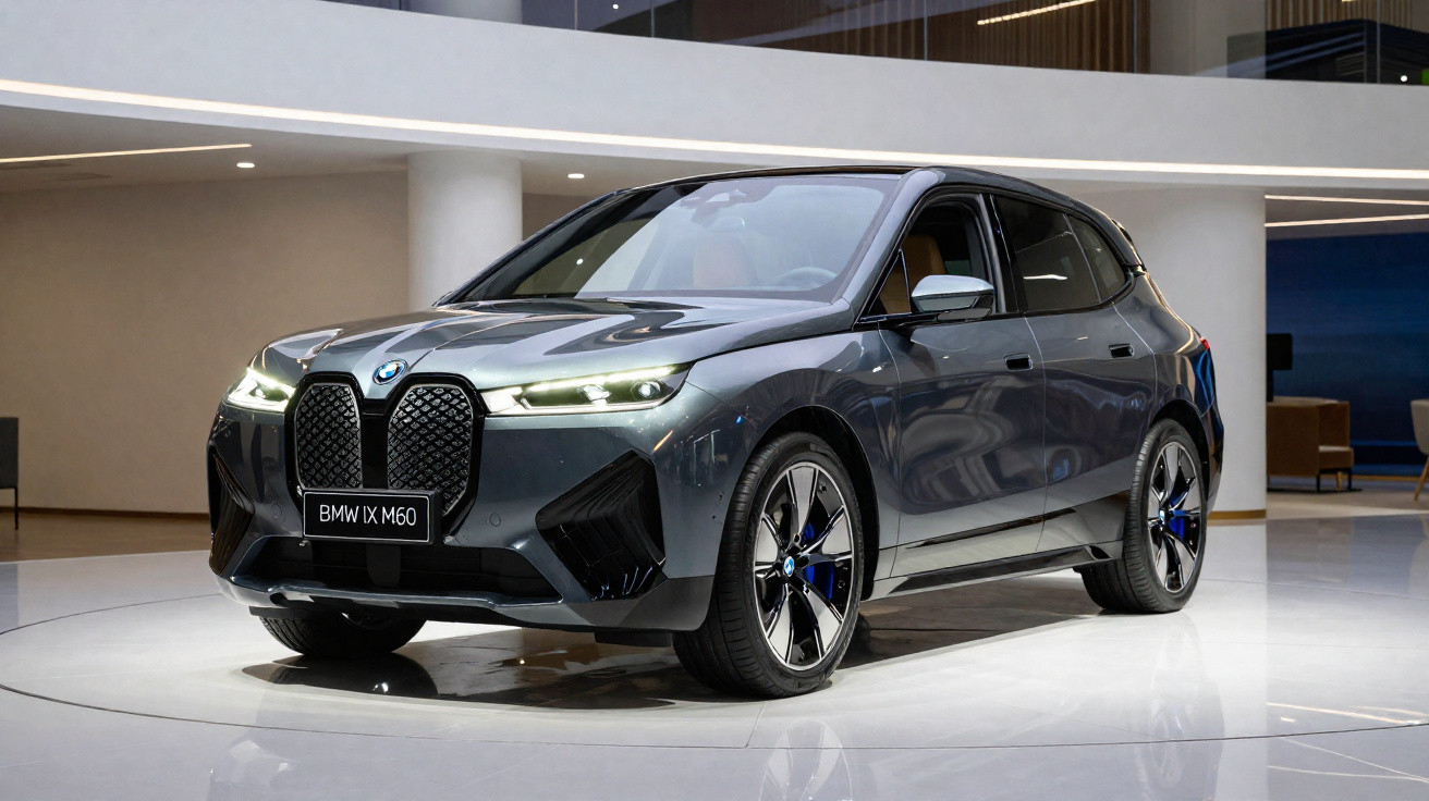 Carro elétrico BMW iX M60 cinza em exposição moderna com faróis acesos e rodas esportivas.