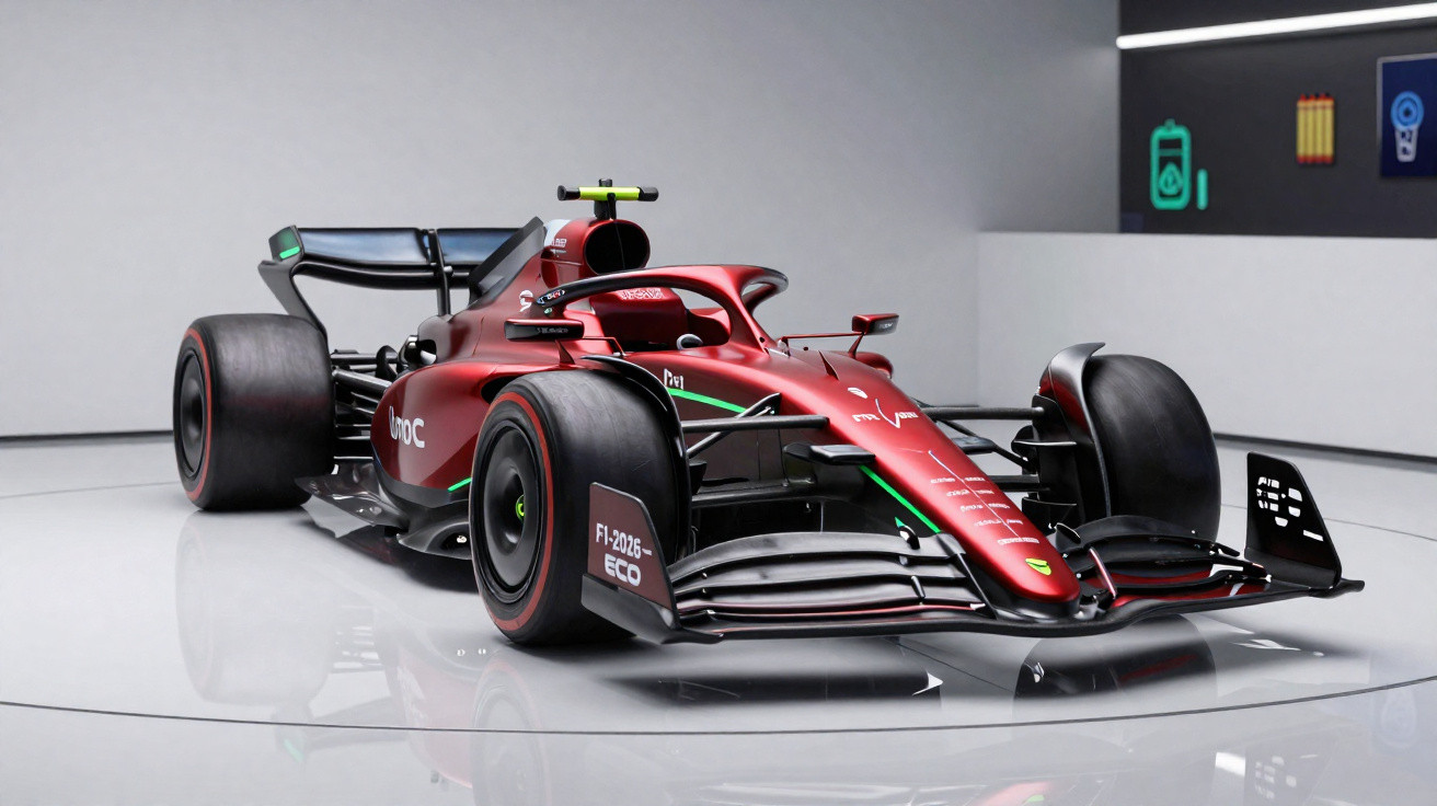 Carro de Fórmula 1 vermelho com detalhes em verde exibido em piso branco e ambiente moderno.
