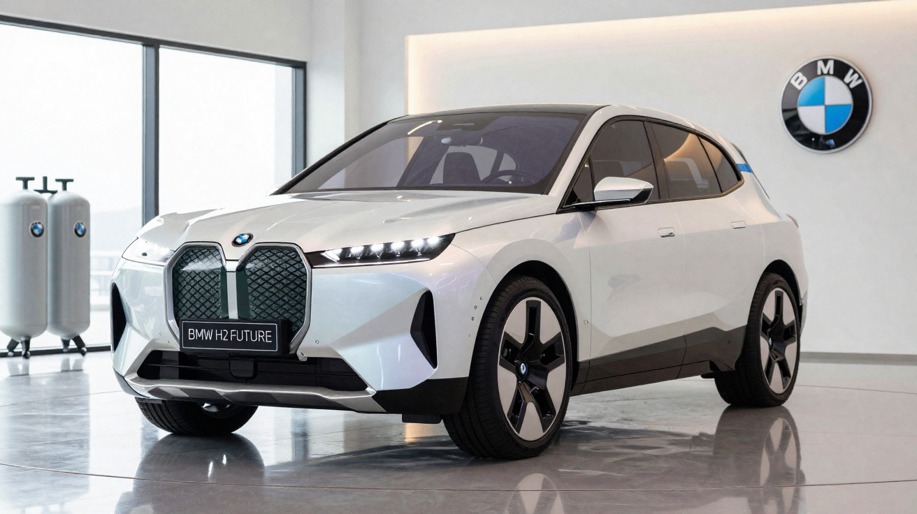 Carro elétrico BMW H2 Future branco exposto em showroom moderno com logo da marca na parede.