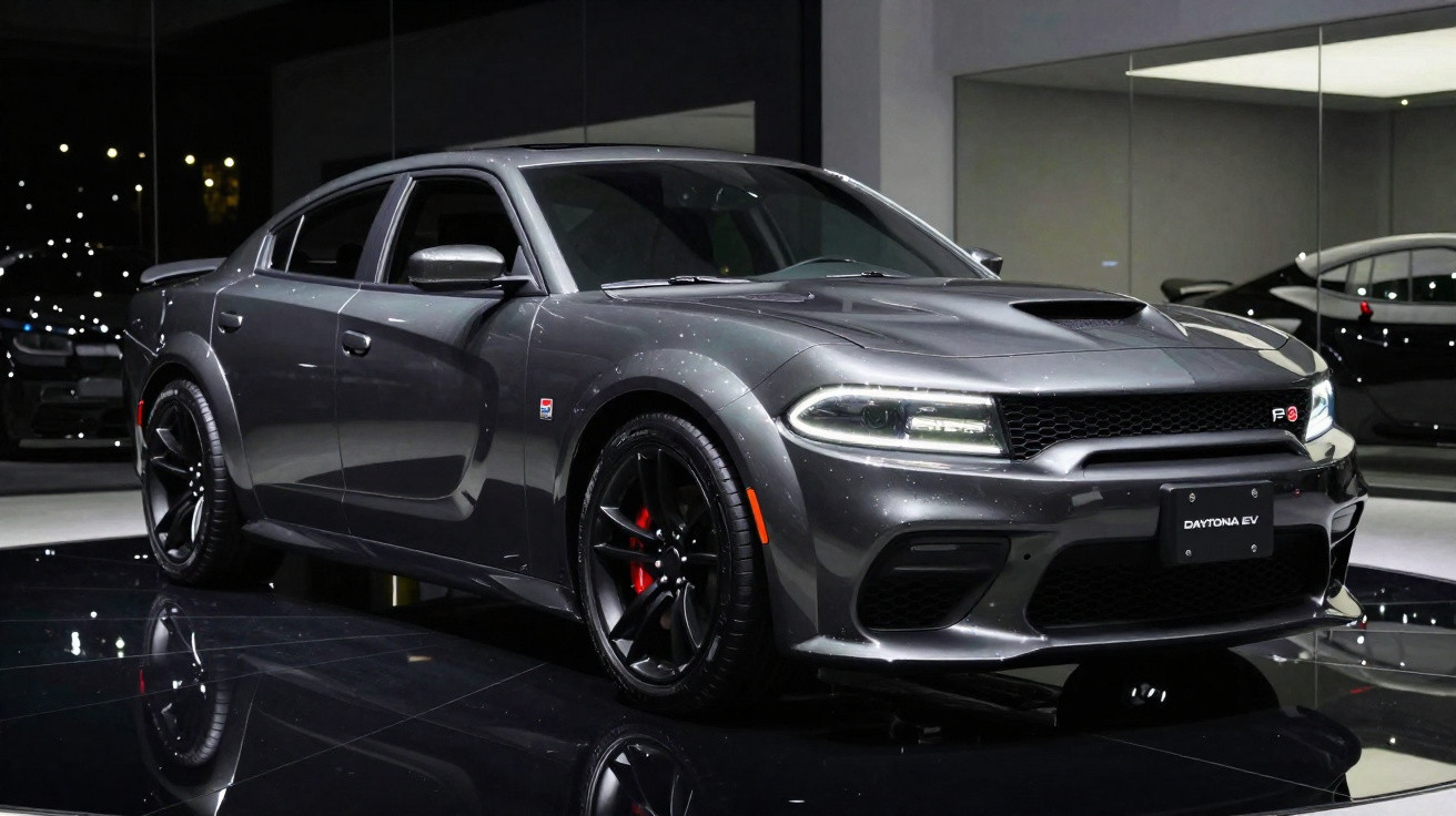 Carro esportivo cinza escuro Dodge Daytona EV estacionado em piso preto brilhante dentro de showroom.
