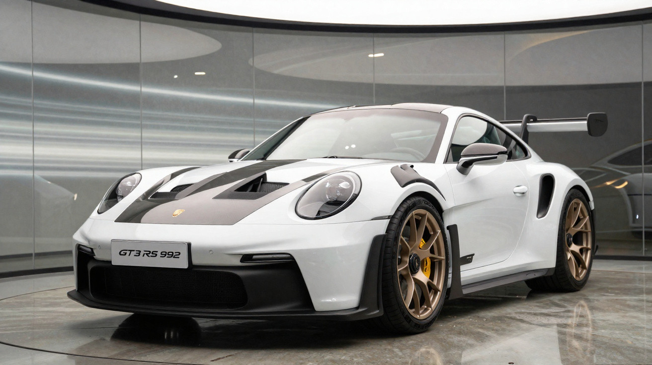 Carro esportivo Porsche 911 GT3 RS branco com detalhes pretos e rodas douradas em showroom moderno.