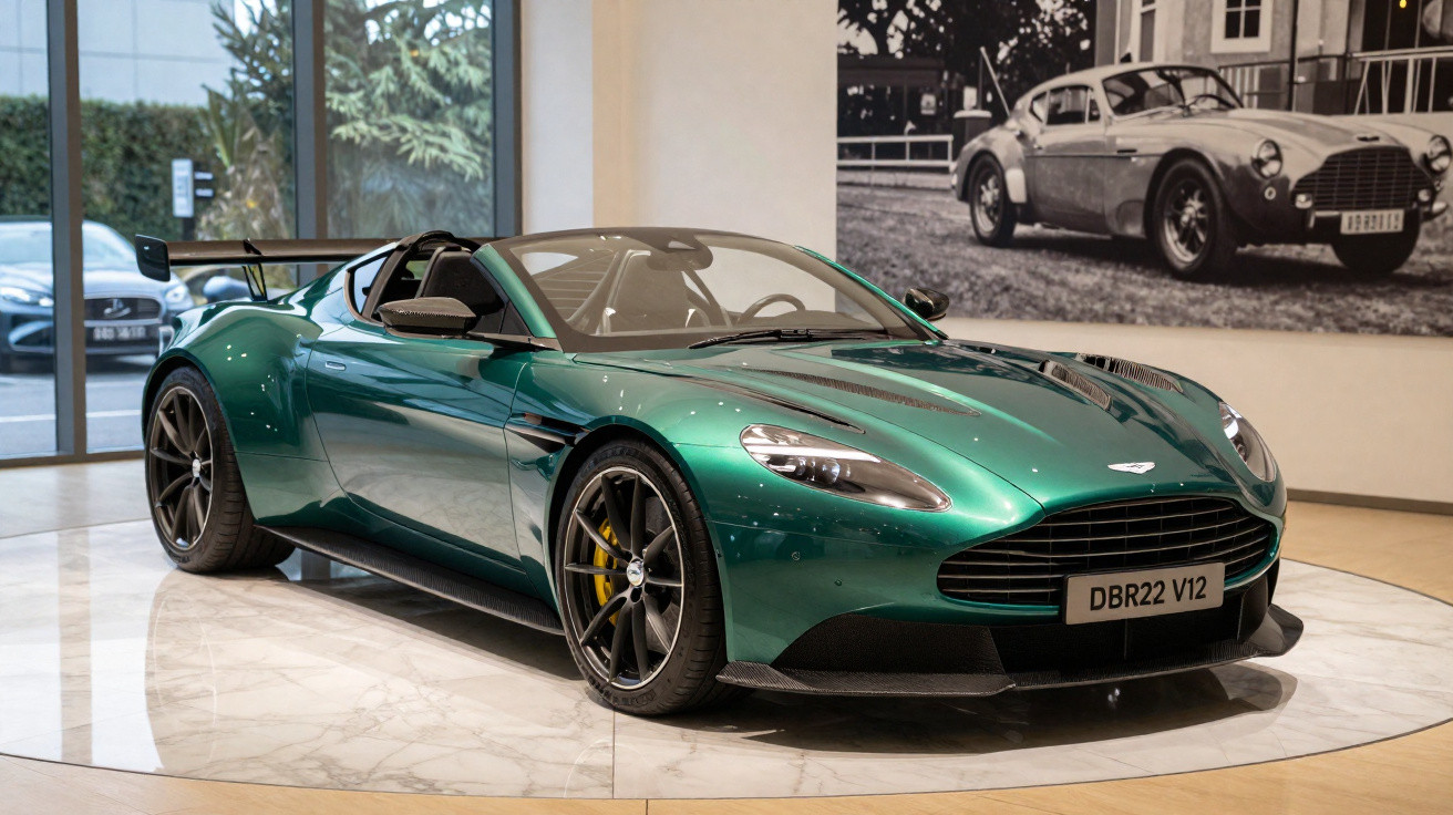 Carro esportivo conversível verde metálico exposto em salão com foto preta e branca de carro clássico ao fundo.