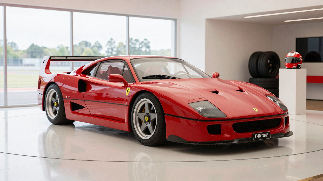 Carro esportivo vermelho Ferrari F40 exposto em ambiente interno moderno e iluminado.