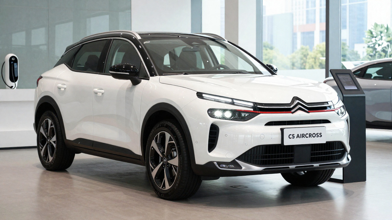 Carro Citroën C5 Aircross branco exibido em showroom moderno com detalhes em preto e luzes ligadas.