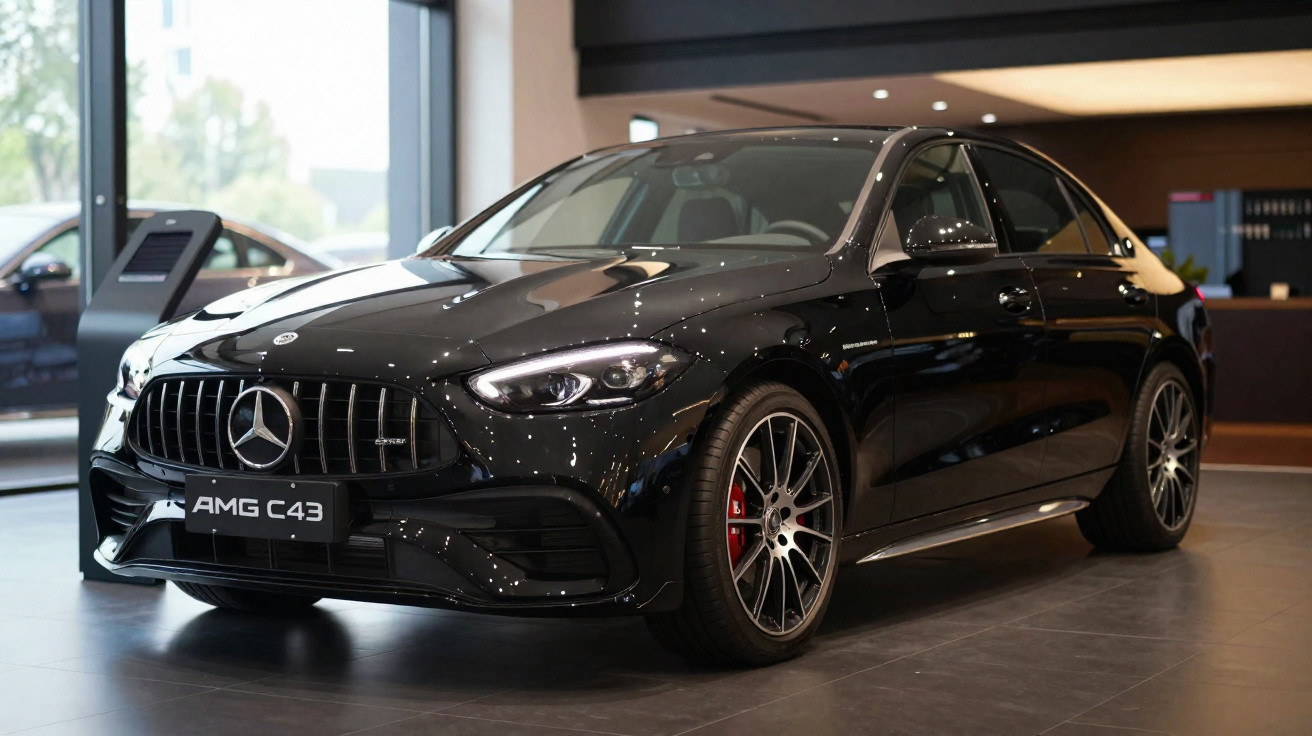 Carro Mercedes-Benz AMG C43 preto exibido em showroom com iluminação refletida na lataria brilhante.