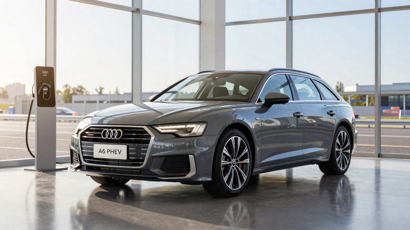 Carro Audi A6 PHEV cinza estacionado em showroom moderno com carregador elétrico ao lado.