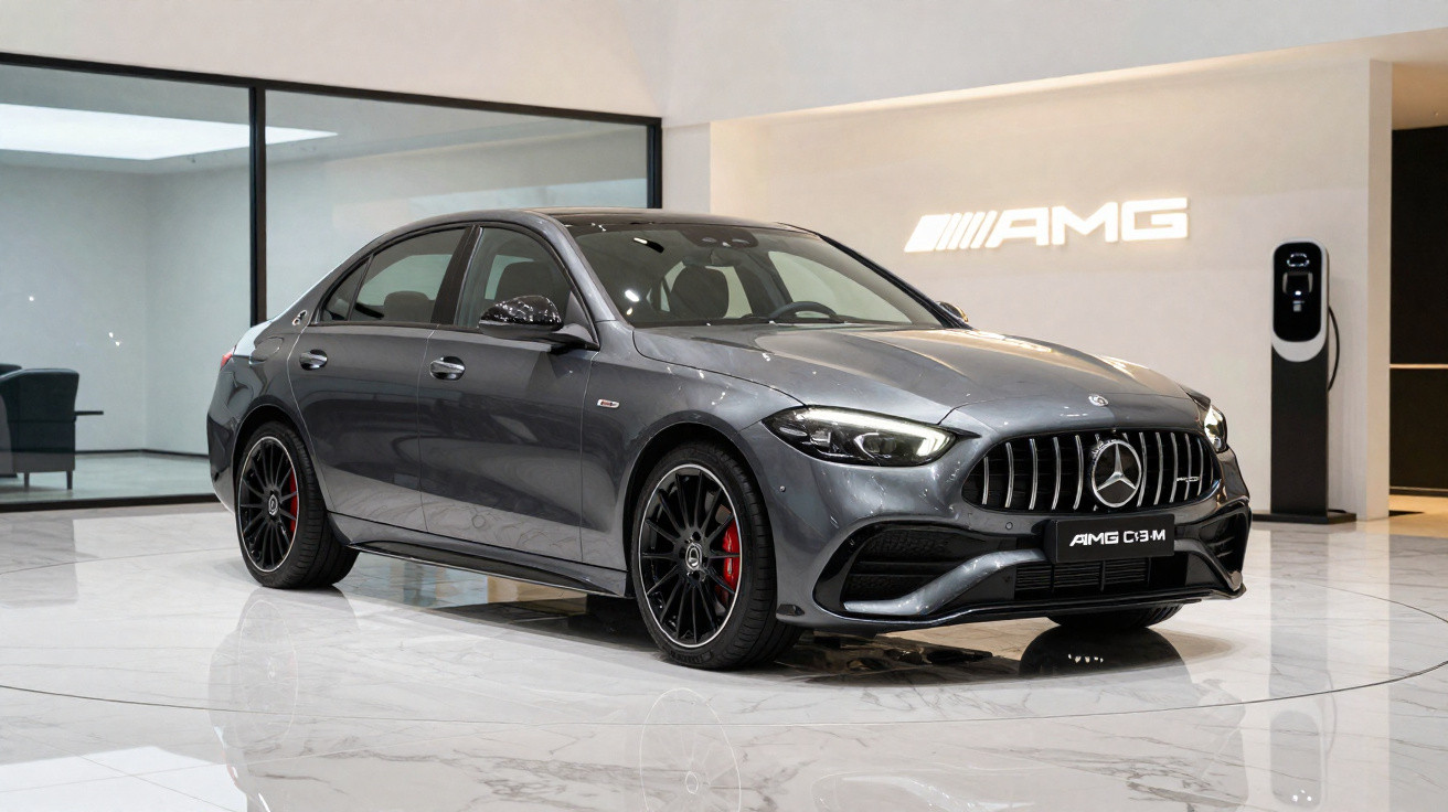 Carro esportivo cinza Mercedes-AMG C 63 M estacionado em showroom moderno e iluminado.