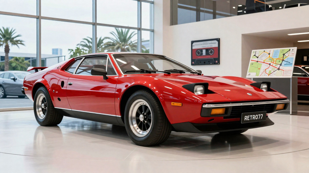 Carro esportivo clássico vermelho exposto em ambiente interno com janela grande e decoração retrô.