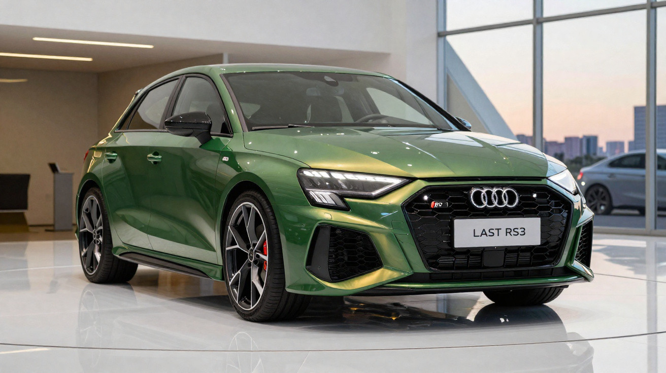 Carro esportivo Audi RS3 na cor verde metálico exibido em showroom iluminado e moderno.