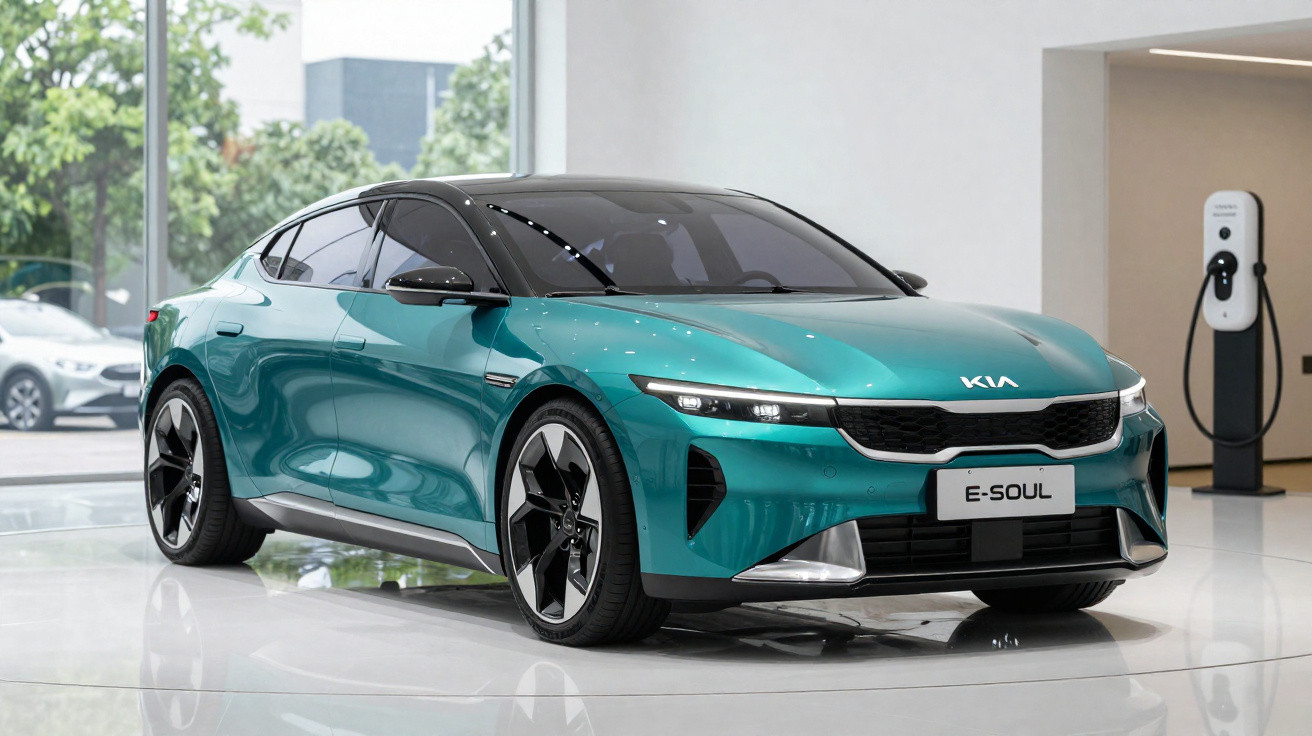 Carro elétrico Kia E-Soul verde água exibido em showroom moderno com estação de carregamento ao fundo.