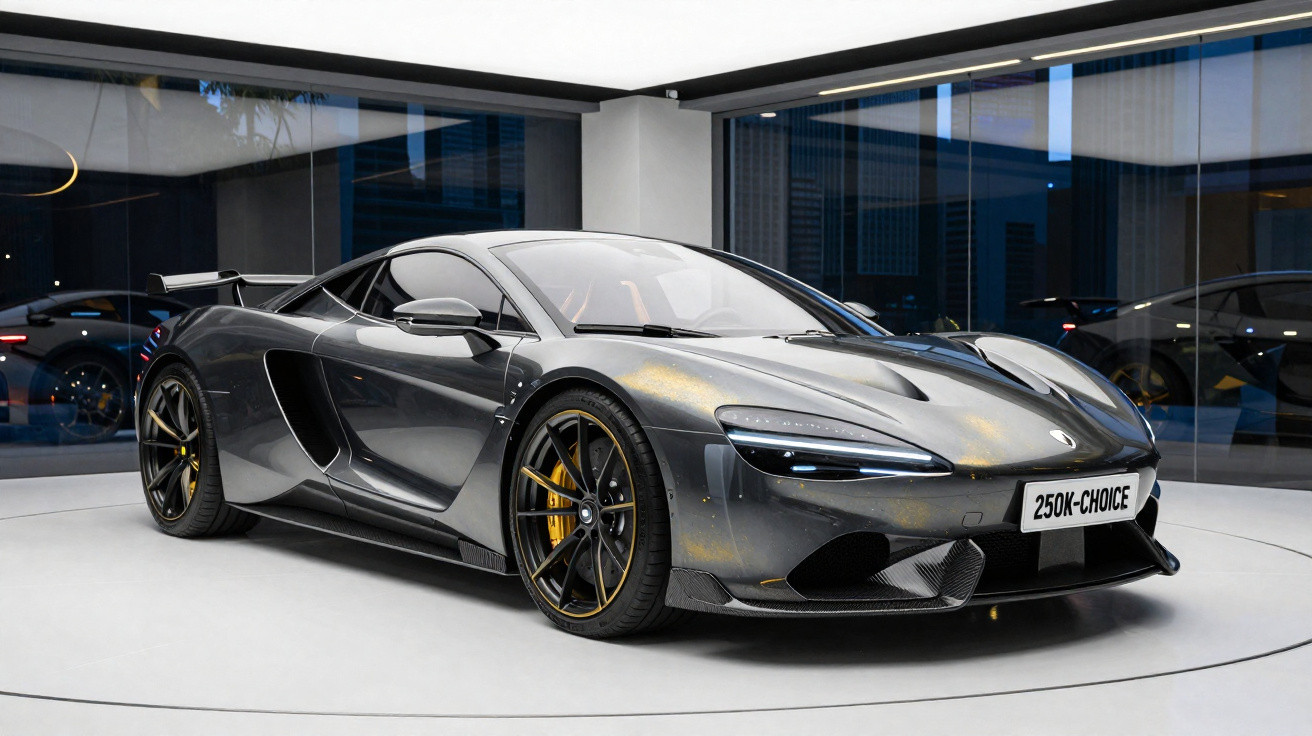 Carro esportivo cinza escuro com detalhes em preto e rodas pretas com freios amarelos em showroom moderno.