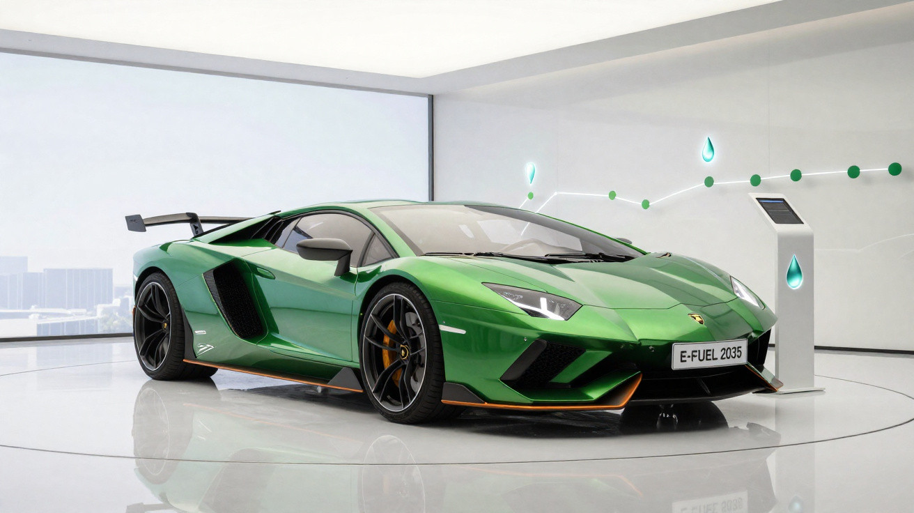Carro esportivo verde Lamborghini E-Fuel 2035 exposto em ambiente moderno e luminoso.