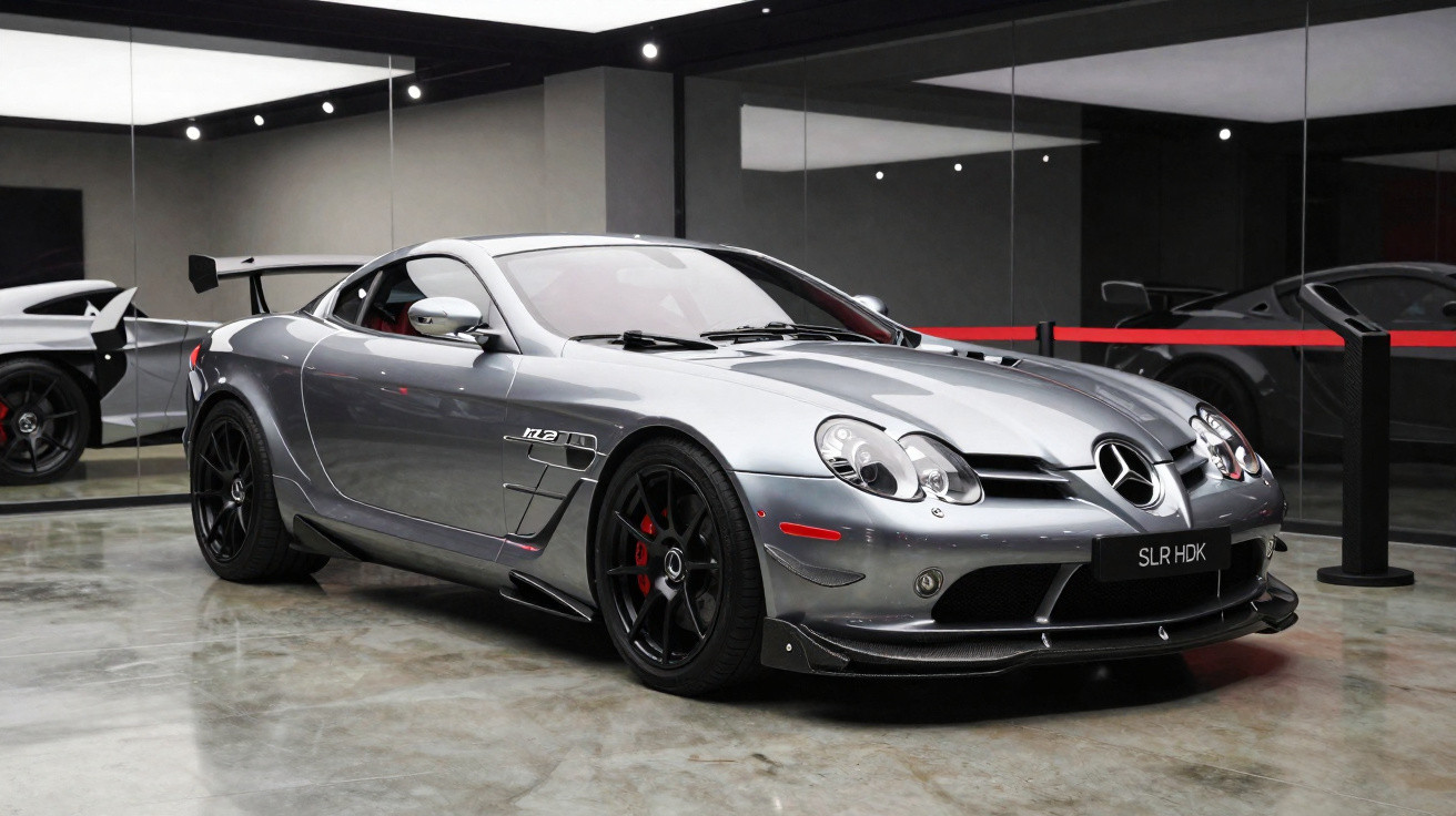 Carro esportivo Mercedes-Benz prata estacionado em garagem com piso de concreto e espelhos ao fundo.
