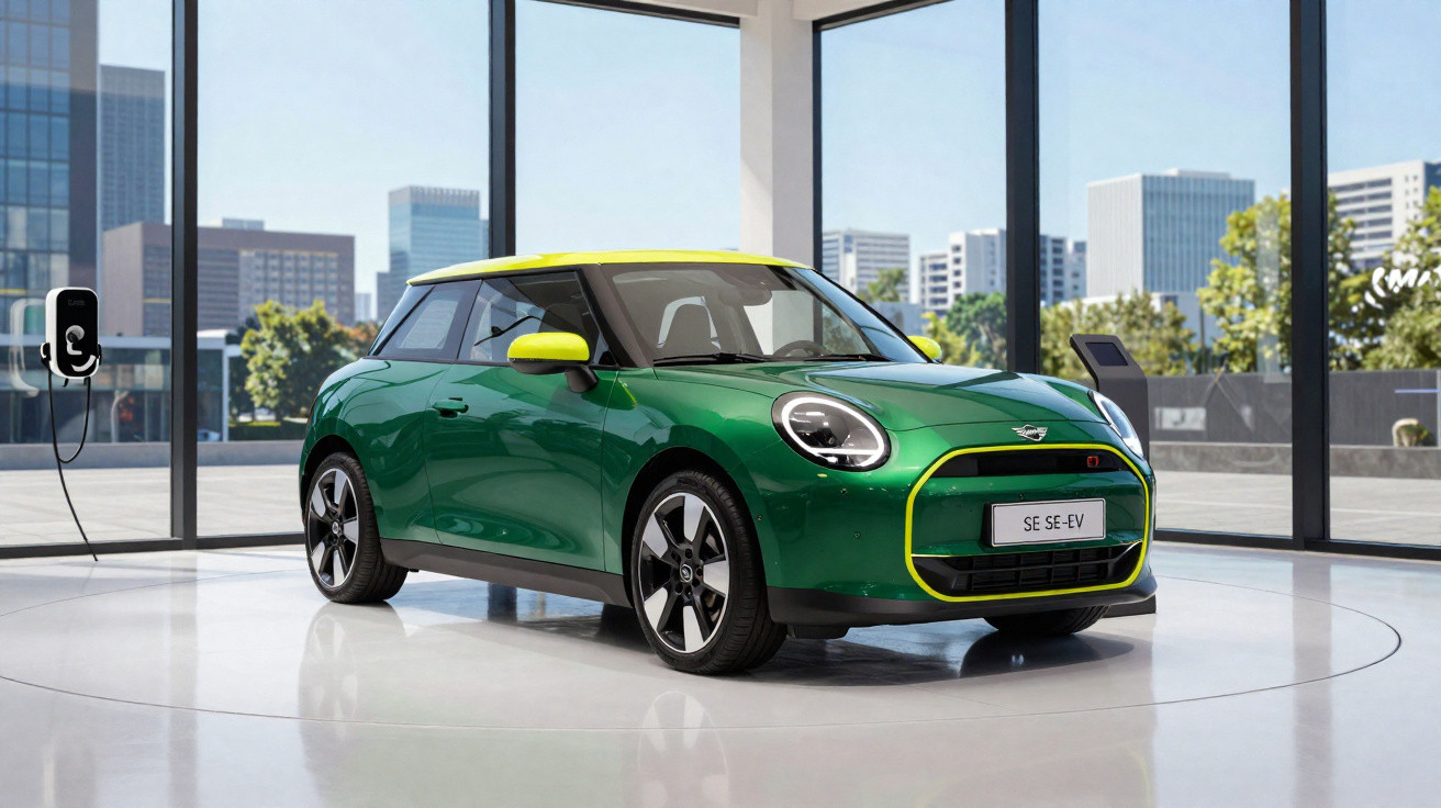 Carro elétrico verde com teto amarelo em showroom moderno com vidro e vista urbana ao fundo.