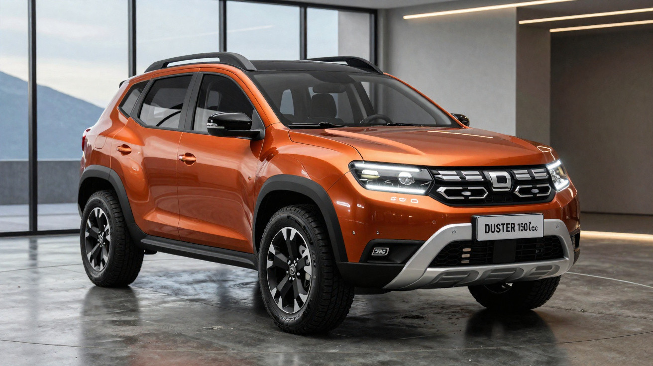 SUV Renault Duster 150cc na cor laranja, vista frontal em espaço interno moderno com vidros amplos.