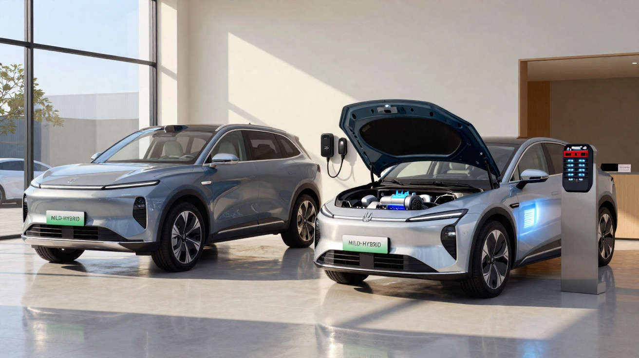 Dois carros elétricos cinza em exposição, um com capô aberto e estação de carregamento ao lado.
