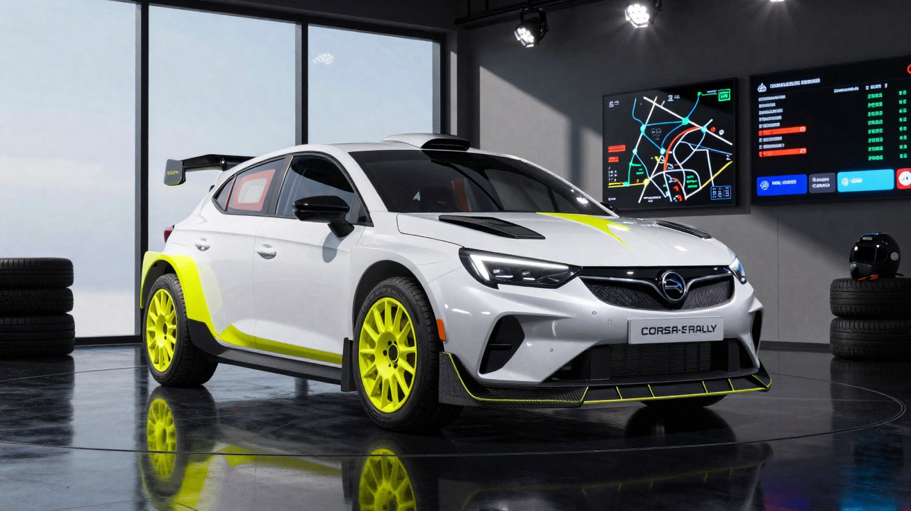 Carro de rally branco com detalhes amarelos, pneus esportivos, em ambiente interno com monitoras ao fundo.