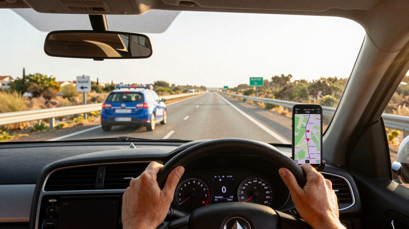 Vista do motorista dirigindo em estrada com celular exibindo GPS e carro azul à frente na pista esquerda.