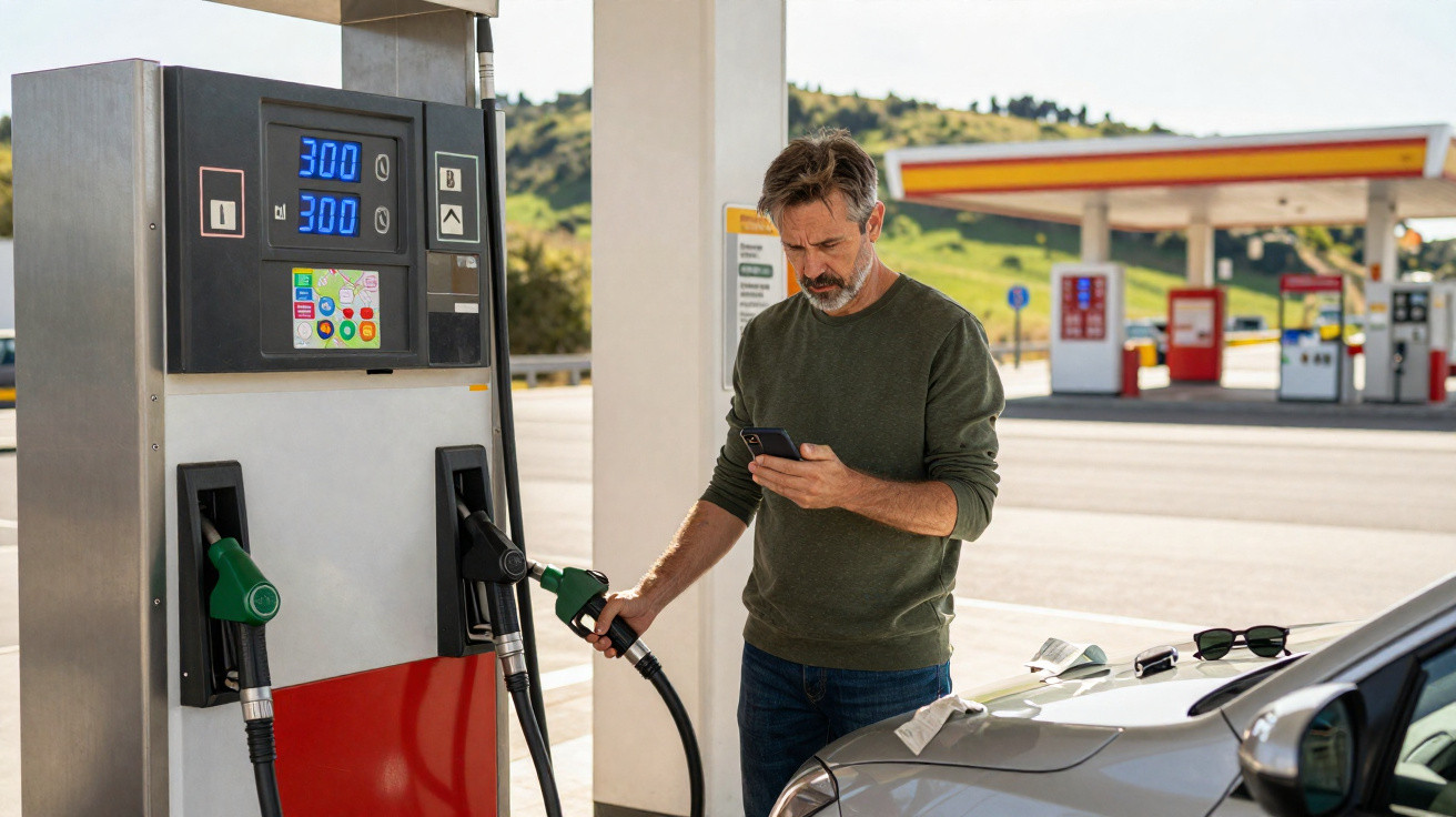 Homem de camiseta verde abastecendo carro em posto de gasolina enquanto usa celular.