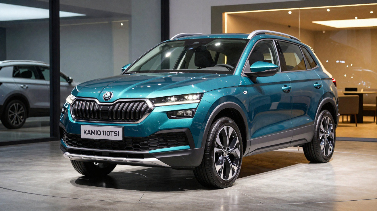 SUV Škoda Kamiq 110 TSI azul exibido em ambiente interno moderno.