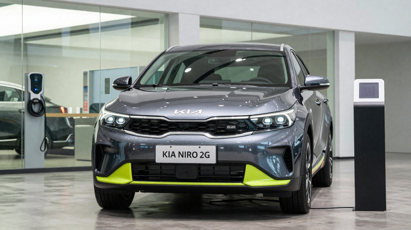Carro elétrico Kia Niro 2G cinza carregando em estação dentro de showroom.
