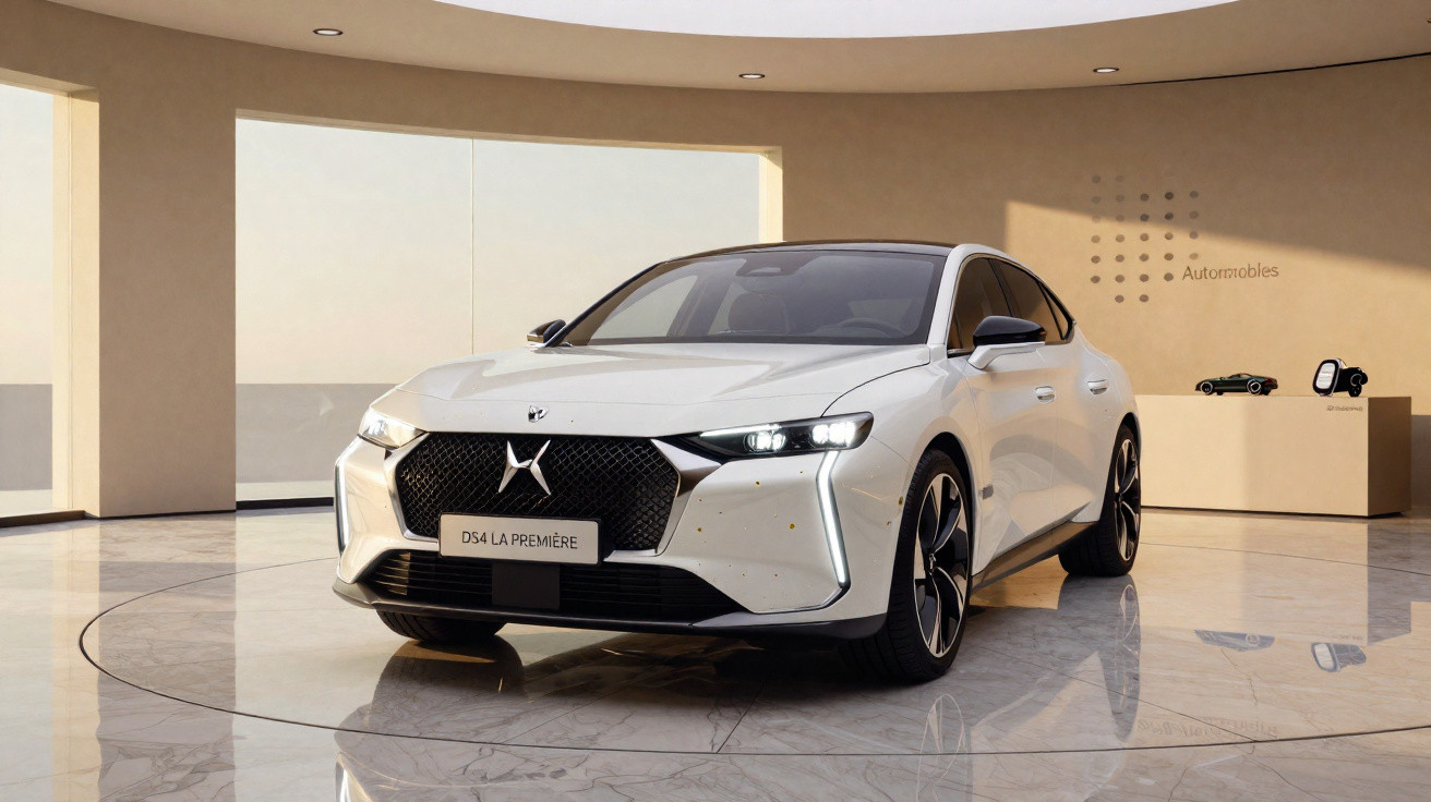 Carro branco DS4 La Première exibido em estúdio moderno com piso de mármore e iluminação suave.