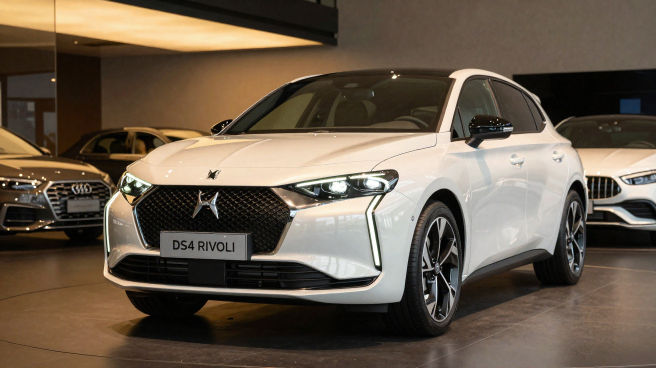 Carro branco DS4 Rivoli em showroom moderno com iluminação interna e outros carros ao fundo.
