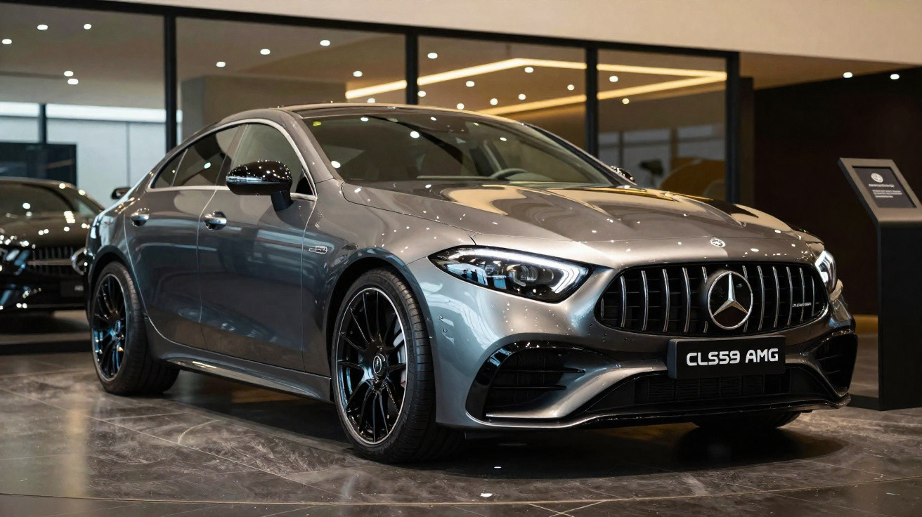 Mercedes-Benz CLS 59 AMG cinza metálico em showroom com rodas pretas e design esportivo.