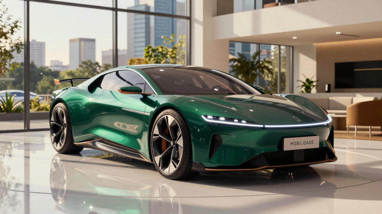 Carro esportivo elétrico verde exposto em ambiente moderno com janelas grandes e piso refletivo.