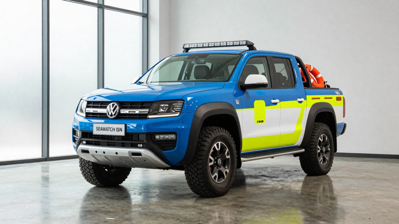 Picape Volkswagen azul e branca com detalhes amarelos e coletes salva-vidas na caçamba em ambiente interno.