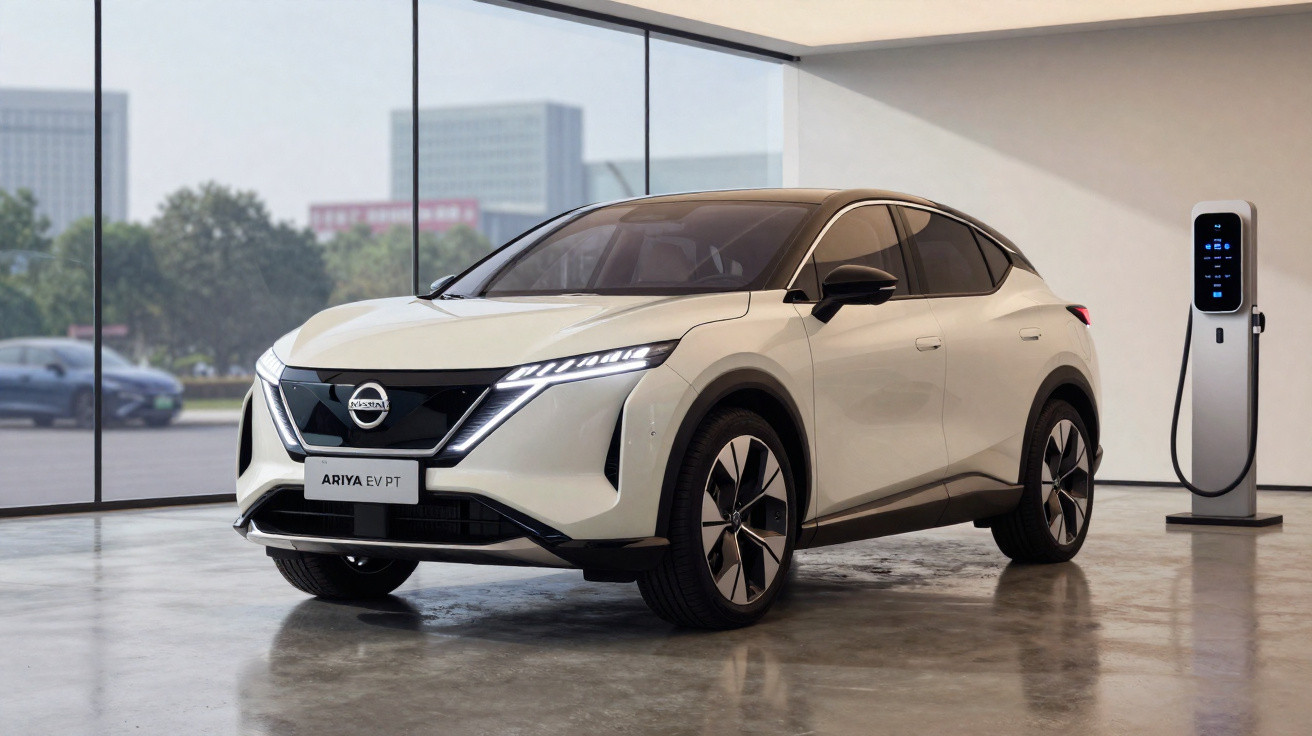 Carro elétrico Nissan Ariya branco estacionado ao lado de carregador em ambiente interno moderno.