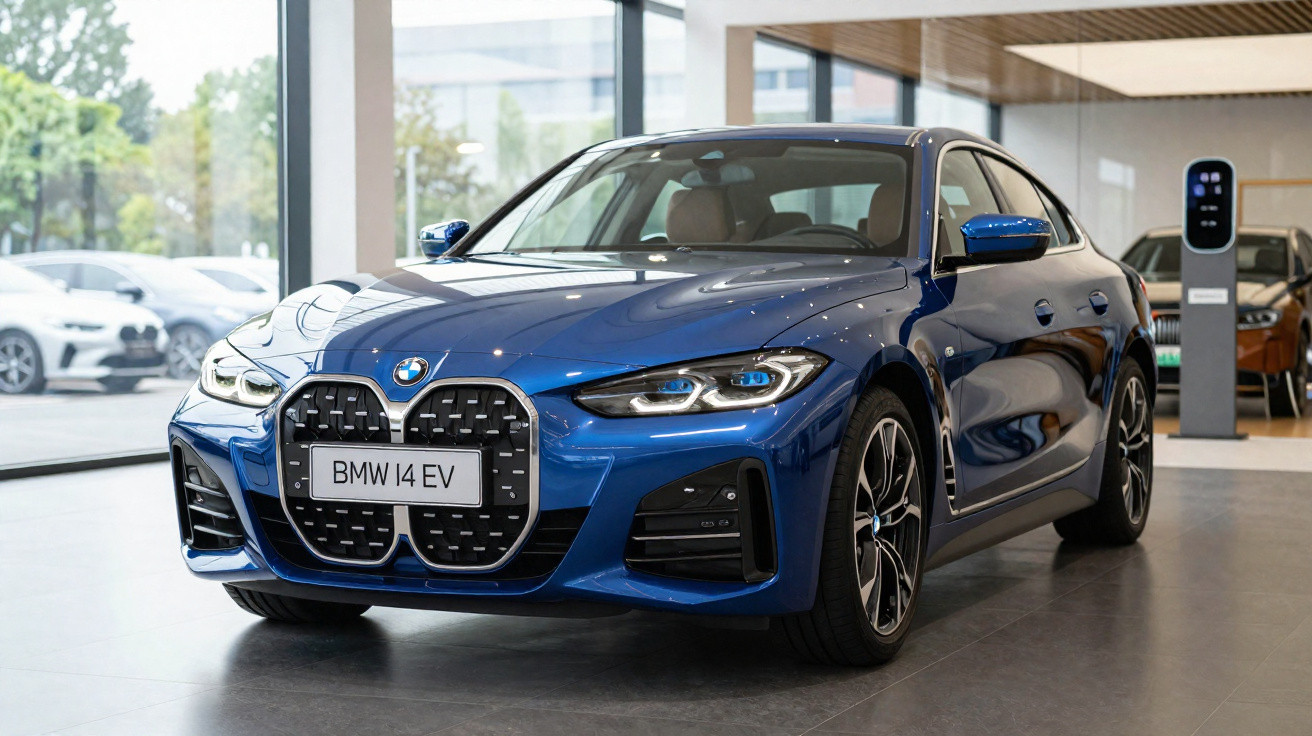 Carro elétrico BMW i4 EV azul exibido em showroom moderno com grandes janelas e iluminação natural.
