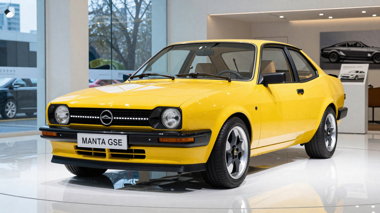 Carro clássico amarelo Opel Manta GSE em exibição em ambiente interno moderno.