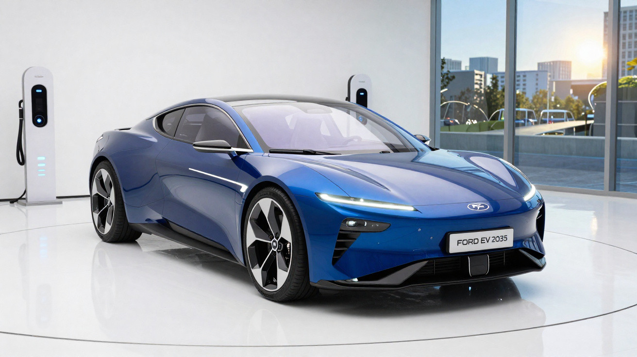 Carro elétrico esportivo azul Ford EV 2035 em exposição, com estação de recarga ao fundo.
