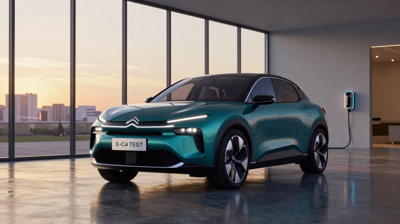 Carro elétrico Citroën E-C4 Test verde carregando na parede em garagem moderna com paredes de vidro.