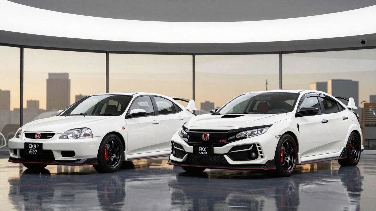 Dois carros Honda Civic Type R brancos, modelo antigo à esquerda e modelo novo à direita, em ambiente interno com janelas pan