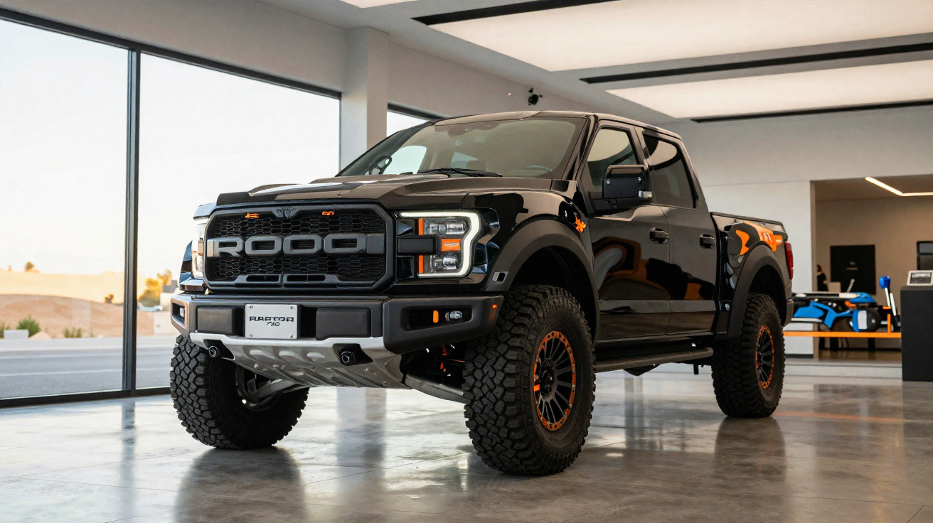 Picape preta robusta Raptor 700 exibida em showroom moderno com vidro amplo.