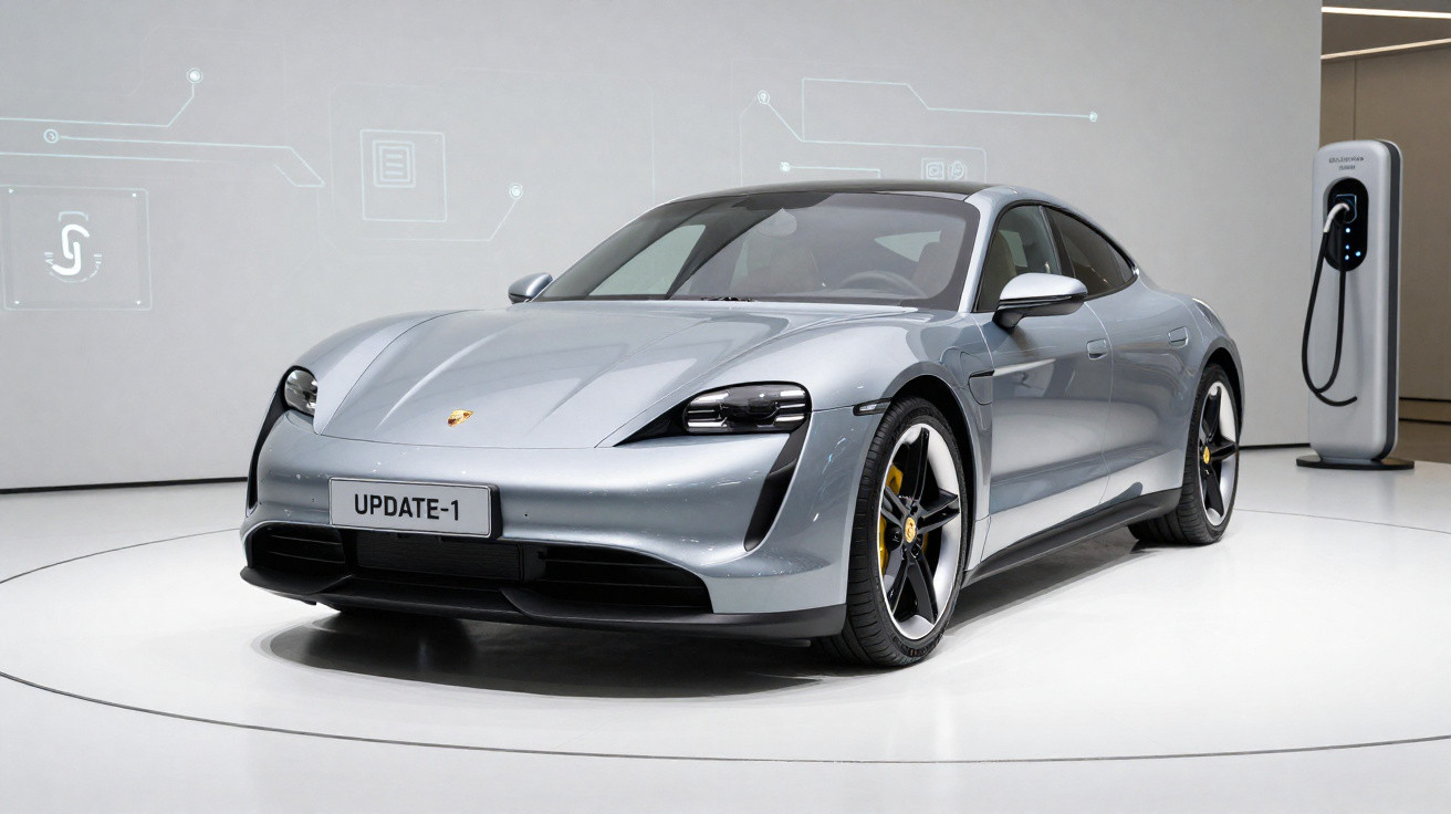 Carro esportivo elétrico cinza prata Porsche Taycan em exposição com estação de recarga ao fundo.