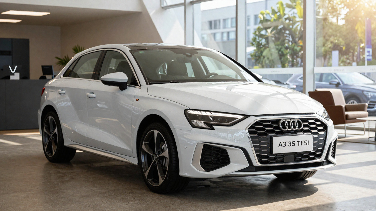 Carro Audi A3 35 TFSI branco estacionado em showroom moderno com iluminação natural.