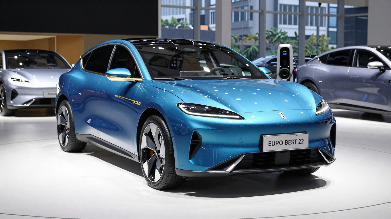 Carro elétrico azul em exposição, com design moderno e placas "EURO BEST 22" em ambiente interno.