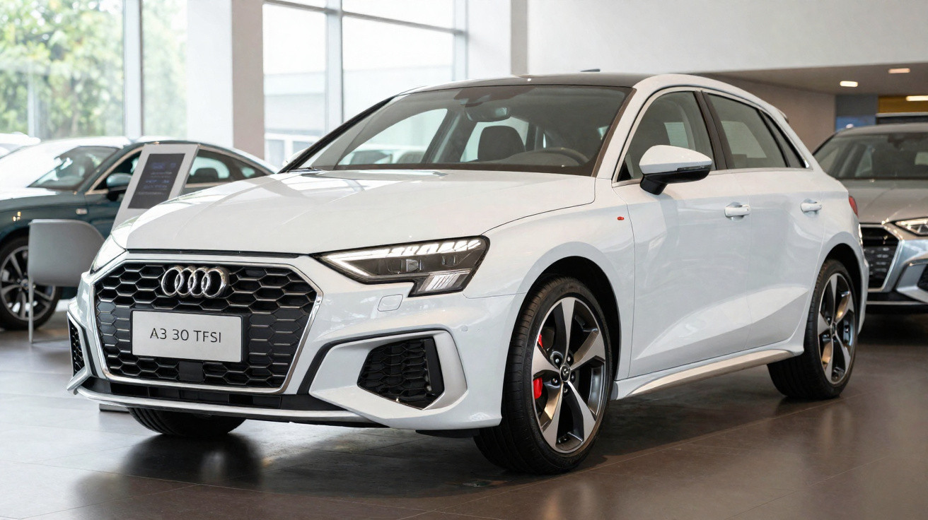 Audi A3 30 TFSI branco exibido em showroom com design moderno e faróis de LED.