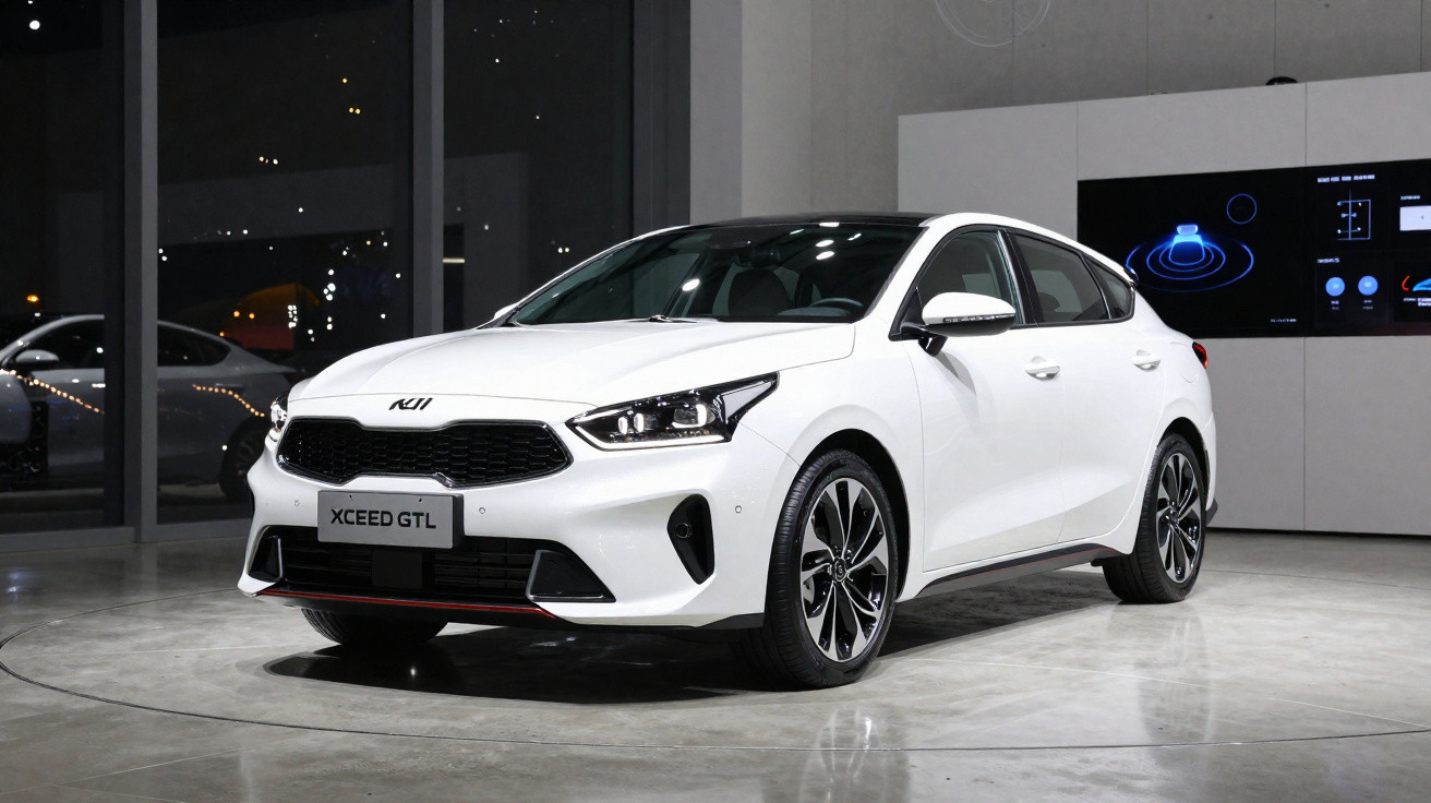 Carro branco Kia XCeed GTL em showroom moderno com luzes refletindo no piso polido.
