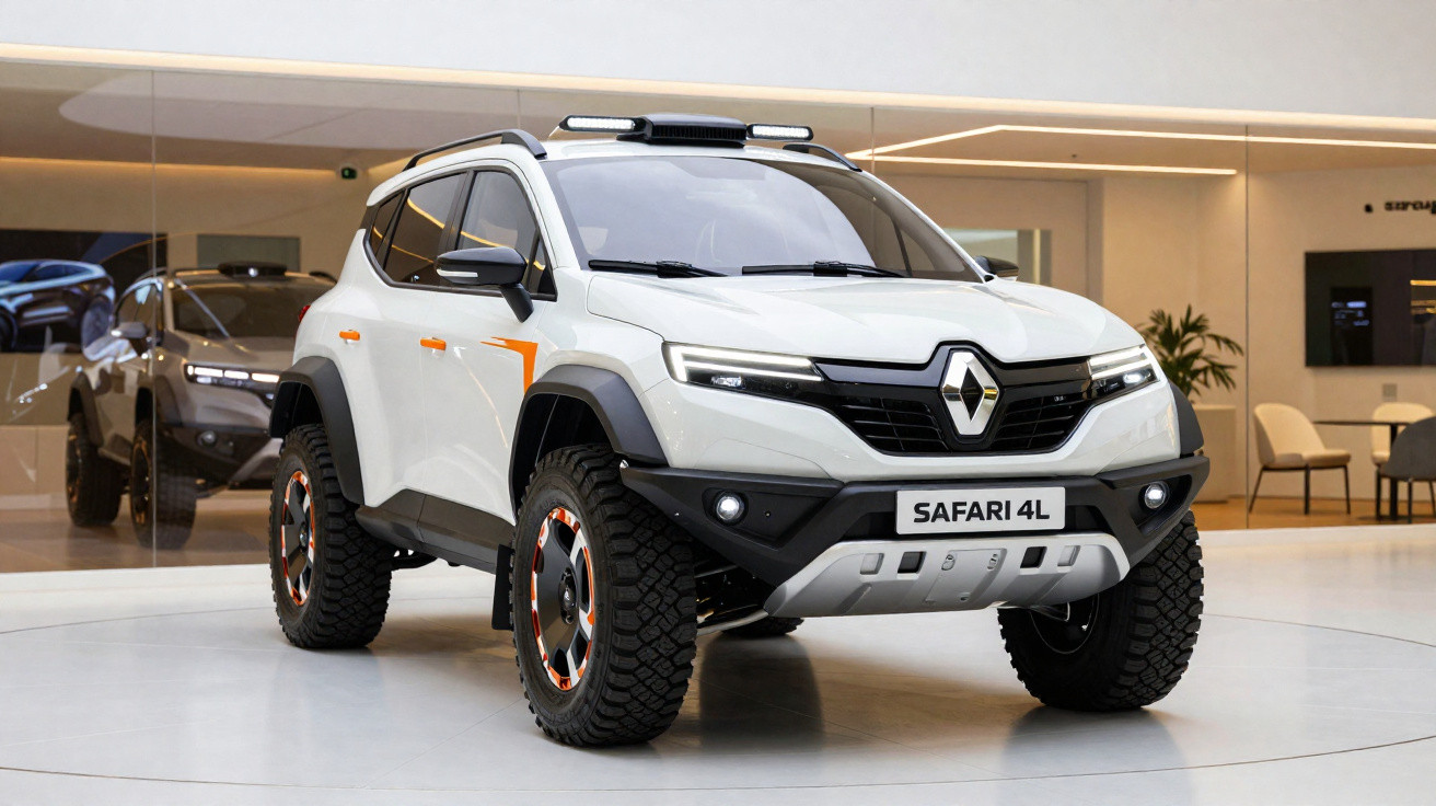 Carro SUV branco Renault Safari 4L em exposição, com design robusto e pneus off-road.