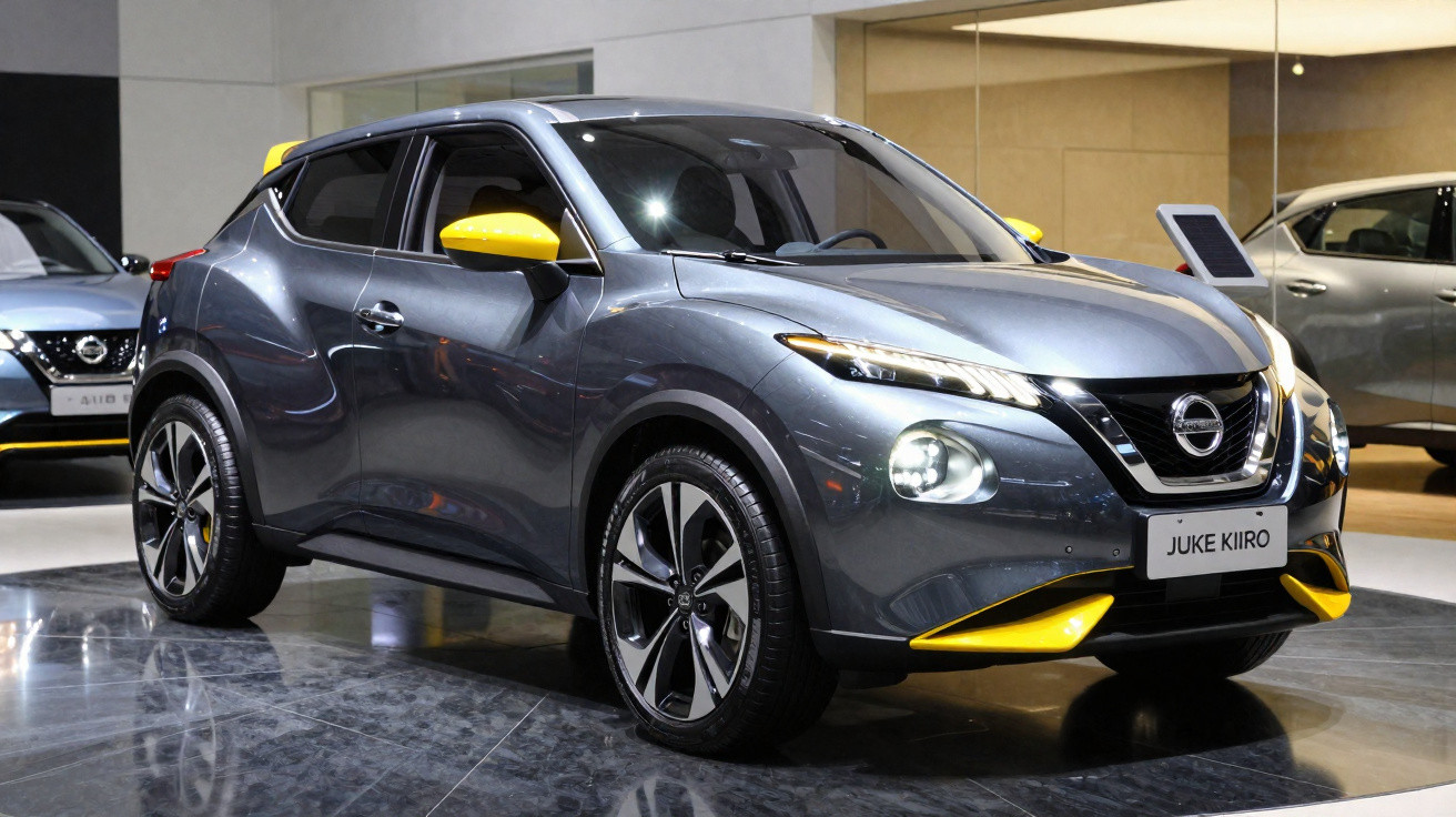 Carro Nissan Juke Kiro cinza com detalhes amarelos exposto em salão automotivo moderno.