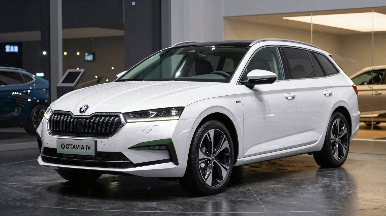 Carro elétrico Skoda Octavia iV branco em exposição, vista frontal lateral direita.