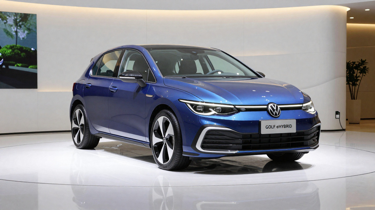 Carro Volkswagen Golf eHybrid azul exposto em ambiente interno moderno e iluminado.