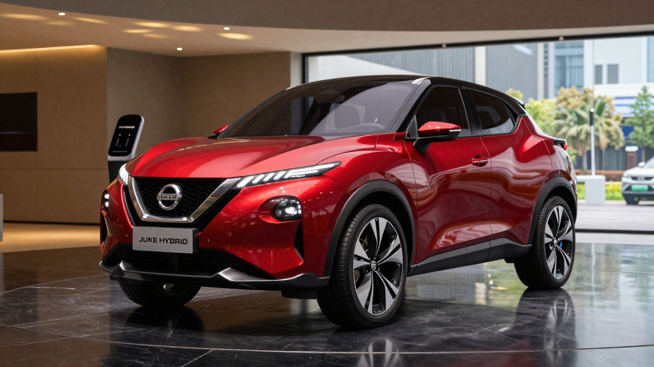 Carro elétrico vermelho Nissan Juke Hybrid em exposição interna com piso refletivo e janela ao fundo.